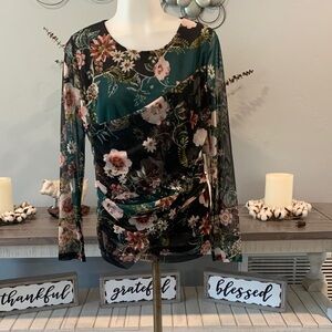 INC International Concepts Floral Mesh Blouse - Green and Black